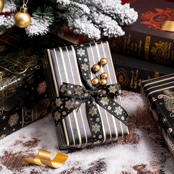 WRAPAHOLIC 30 Inch Jumbo Reversible Black and Gold Christmas Wrapping Paper - 30 Inch x 100 Feet Jumbo Roll Black Gold Sleigh and Stripe Wrapping Paper with Metallic Foil for Christmas, Holiday, Party