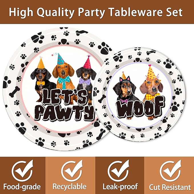 96PCS Dog Plates and Napkins Party Supplies Dachshund Birthday Party Decorations Weiner Dog Decor Lets Pawty Dog Themed Disposable Tableware Set Serve 24 Guests