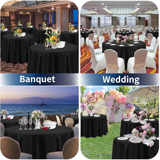 PureFit 8 Pack Round Black Table Cloths 120 Inch for Round Tables, Stain and Wrinkle Resistant Table Linens for Home Use, Wedding, Party, Banquet and Camping