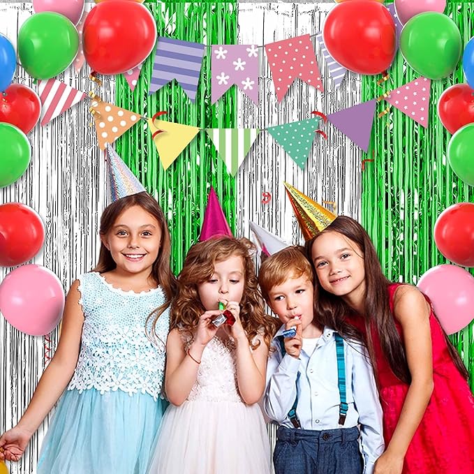 3 Pack Silver Green Foil Fringe Curtains Backdrop, 3.28 x 8.2 Ft Metallic Streamers Tinsel Curtains Background for Photo Booth, Birthday, Halloween, Christmas, Thanksgiving, New Year Party Decorations