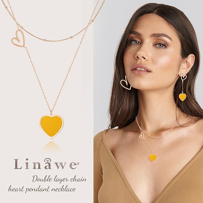 Linawe Layered Choker Heart Pendant Necklace for Women Trendy, Gold/Silver/Rose Gold Chain Stainless Steel Stacked Necklaces, Double Heart Necklace Y2K Preppy Jewelry