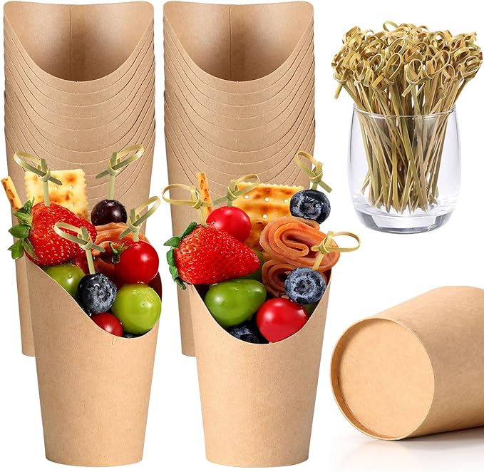 12Oz Charcuterie Cup Set, 24 Pcs Cups with 100 Pcs Coctail Picks, French Fry Holder and Bamboo Knot Skewers, Handheld Party Appetizer Kit, Disposable Kraft Paper Snack Box Container, Take Out Cones
