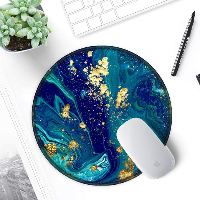 ITNRSIIET Round Mouse Pad with Stitched Edge Premium-Textured Waterproof Non-Slip Rubber Base Desktop Protection Mat Diameter 8.7 inches, Blue Green Marbling