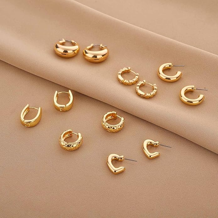 Wgoud Chunky Hoop Earrings Set 14K Gold Plated Hoop Earrings for Women Hypoallergenic, Thick Twisted Huggie Hoops Earring Set