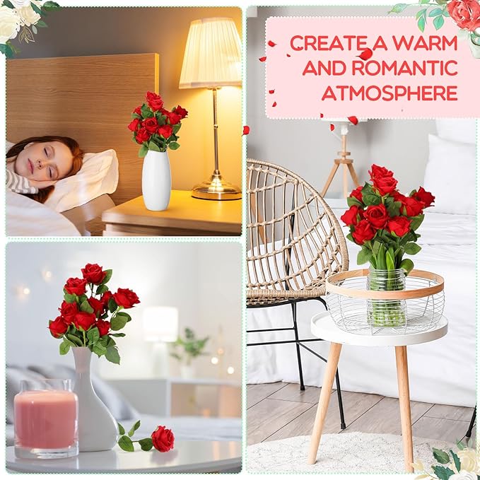Hotop 80 Pcs Rose Artificial Flowers Bulk with Long Stem, Silk Roses Realistic Fake Flowers Bouquet for Wedding Table Centerpieces Bridal Shower Party Home Decorations(Red)