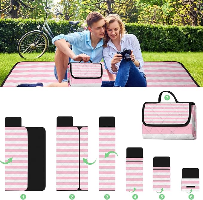 Waterproof Picnic Blankets,79''x79'' Extra Large Foldable Sandproof Beach Blanket,Portable 3-Layer Polyester Outdoor Picnic Blanket for Grass Lawn,Beach,Family Camping,Park,Travel-Pink Stripe