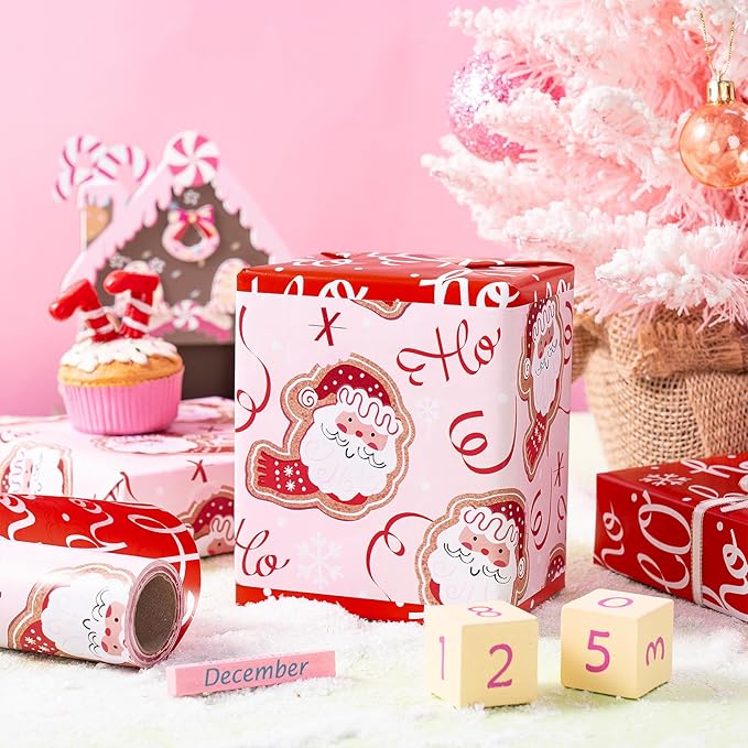 RUSPEPA 30" X 32.8' Reversible Christmas Wrapping Large Paper Roll, Jumbo Roll, Adorable Santa Claus, Ribbon Design, Elegant Red Ho Ho Ho Gift Wrap Paper for Girls, Kids, Family, Xmas Holiday Gifts