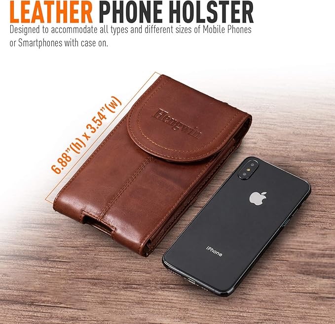 Hengwin Genuine Leather Cell Phone Holster Belt Case with Belt Clip Vertical Phone Holder Fits for iPhone 17 Pro Max 16 Pro Max 15 Plus Samsung Galaxy A55 Note9 S25+ S23+ Holster Belt Pouch (Brown)