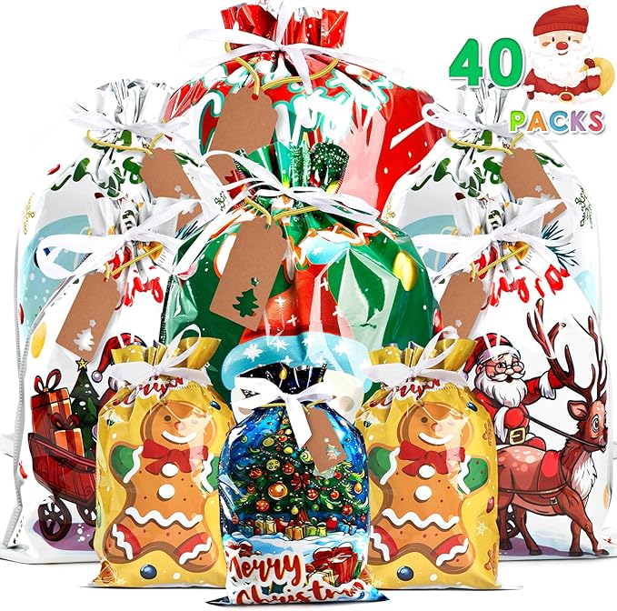 AURUZA 40Packs Christmas Drawstring Gift Bags - Assorted Sizes from Small to Jumbo, with Colorful Designs & Tags, deal for Holiday Wrapping & Decorations Party Favors