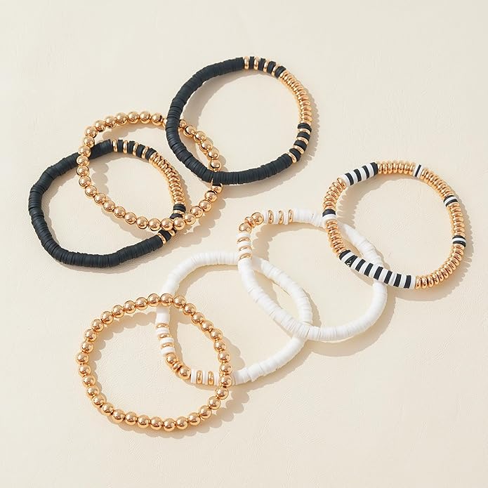 GOOJIDS Surfer Heishi Clay Bead Bracelets for Women Bohemian Stackable Gold Plated Beaded Stretch Bracelets Elastic Layering Friendship Bracelets Set Boho Jewelry