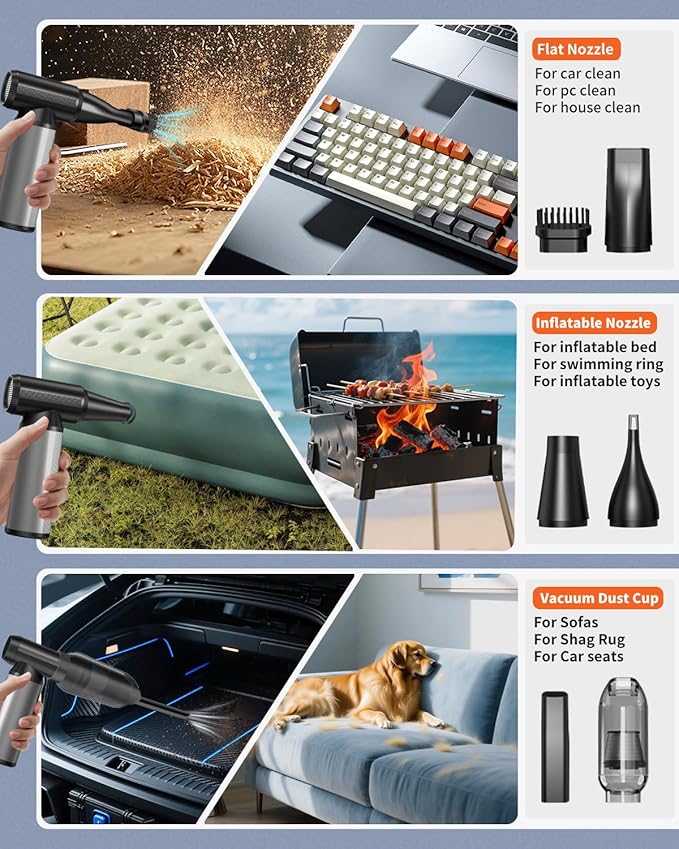 BOBYE Electric Compressed Air Duster & Keyboard Cleaner, 2-in-1 Blower & Vacuum with 180W Brushless Motor, 6000mAh Battery, 3-Gear Adjustable for Computers, Cars, Furniture, and Outdoor Cleaning