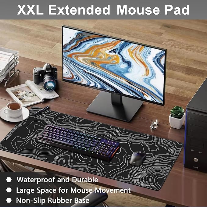 Mouse Pad, Large Mountain Topographic Terrain Map Desk Mat, Extended Non-Slip Gaming Keyboard Mousepad Desk Pad, Thick Stitched Edges Waterproof Mouse Mat 31.5"x15.7" (White Topographic Line Art)