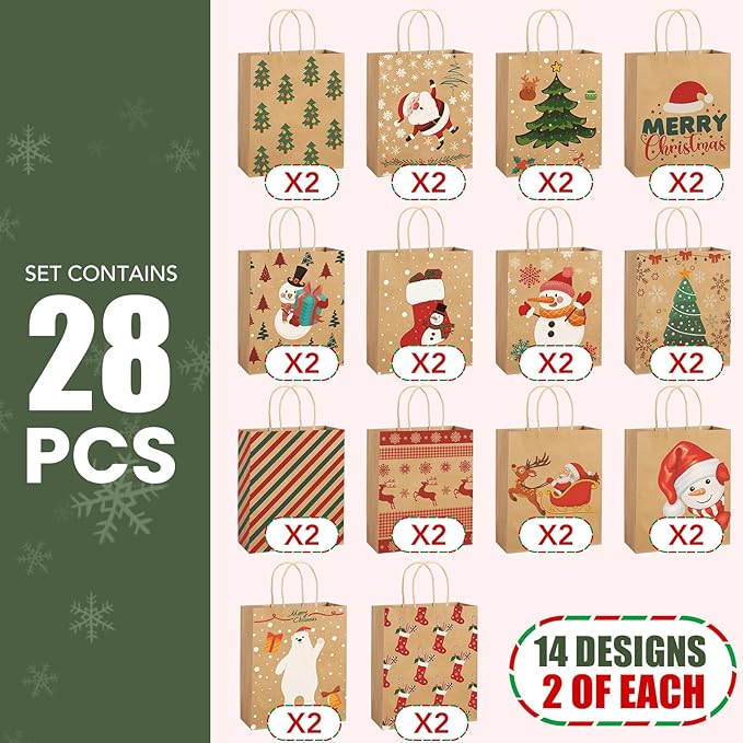 XPCARE 28 Pack Christmas Kraft Gift Bags with Handles, 9x7.5x3.5, Perfect for Holidays, Parties and Presents