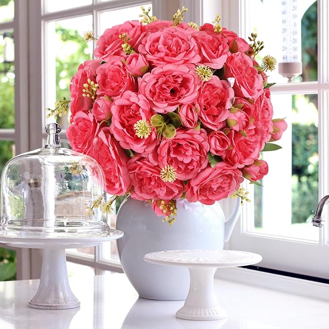 12 Packs Artificial Peonies Silk Flowers: Faux Peony Bouquet 12 Bundles, Fake Peonies Flowers Bulk for Centerpiece Table Wedding Party Home Decor for Vase Decoration (Rose Red)
