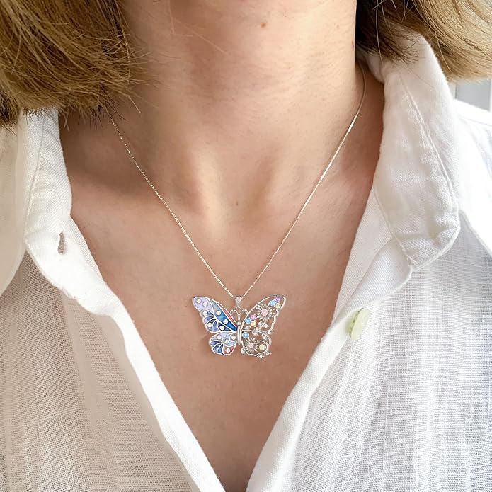 Aurora Tears 925 Sterling Silver Butterfly Flower Pendant Necklace - Colorful Enamel Zircon Adjustable Chain Jewelry Gift for Women Her