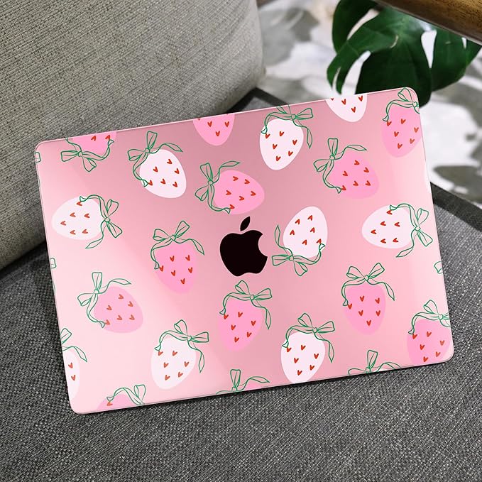 MEEgoodo for MacBook Air 13 inch Case 2021 2020 2019 2018 Released A2337 M1 A2179 A1932 with Touch ID, Plastic Hard Shell & Keyboard Cover Compatible with MacBook Air Case 13.3, Strawberry & Bow
