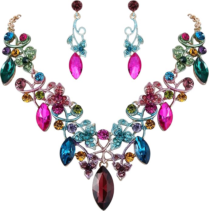 BriLove Women's Costume Fashion Crystal Floral Vine Leaf Statement Necklace Dangle Earrings Set