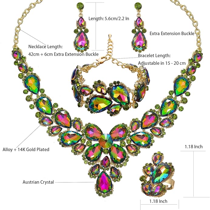 Women's Wedding Bridal Austrian Crystal Glass Teardrop Statement Necklace Dangle Earrings Bracelet Ring Wedding Party Jewelry Set for Bridal Bridesmaid