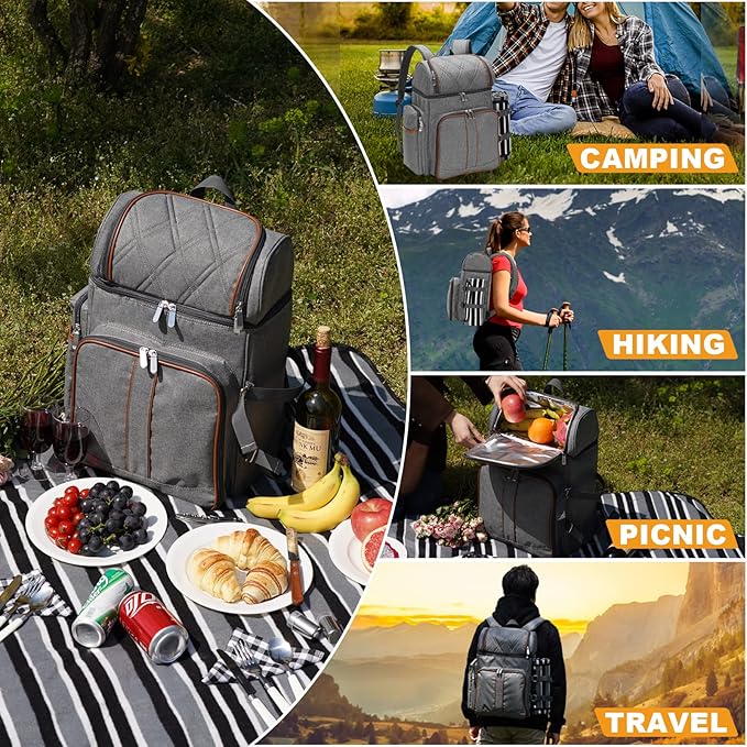 Picnic Backpack for 4, Picnic Basket Set, Leakproof Picnic Bag, Beach Cooler Backpack with Insulated Cooler Wine Pouch,Picnic Blanket, Double Deck Picnic Backpack for Beach,Camping,Park(Grey)