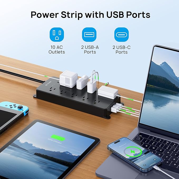 TROND Power Strip Surge Protector, 4000J, ETL Listed, 10 Widely Spaced Outlets with 2 USB A and 2 USB C, Flat Plug 5ft Extension Cord, Wall Mountable, 14AWG Heavy Duty, for Home Office Garage, Black