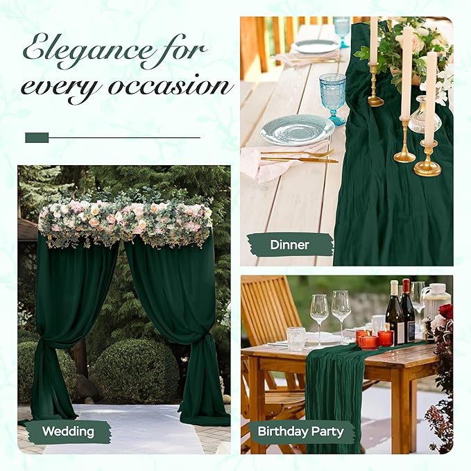 Cheesecloth Table Runner 6 Pack – 35x120 Inch (10ft) Boho Rustic Gauze Cloth Runners – Crinkle Polyester Table Decor for Wedding, Baby Shower, Bridal Shower, Birthday Party and More (Emerald Green)