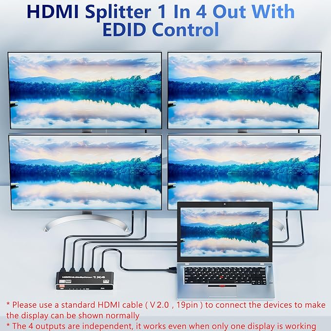 HDMI 2.0 Splitter 1 in 4 Out, LUKFOCAB 1x4 HDMI Splitter 4K@60Hz 8:8:8 HDR, HDMI 2.0, HDCP 2.2, 18Gbps, Auto EDID, Supports UHD 3D D-o-l-b-y 4 Ports Mirror Mode and Multichannel Audio Streams