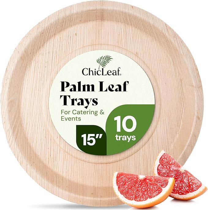 Chic Leaf All Natural Compostable & Disposable Rectangular 15" Round Palm Leaf Tray for Parties, Charcuterie Boards, Catering & Weddings - Palm Leaf Platter Party Plates Thanksgiving Dinner (10 pc)