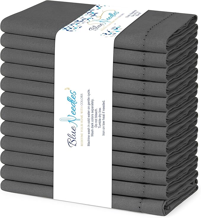 Blue Needles Set of 12 Hemstitch Linen Napkins 100% Cotton Grey Cloth Dinner Napkins 18x18 inches, Soft, Reusable, Absorbent, Washable, Ideal for Fall Thanksgiving Events, Parties & Everyday Use