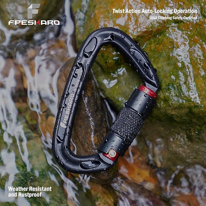FresKaro UIAA Certified 25KN Auto Locking Climbing Carabiner Clips, Twist Lock, and Heavy Duty Carabiners for Rock Climbing, Rappelling, and Mountaineering, D Shaped