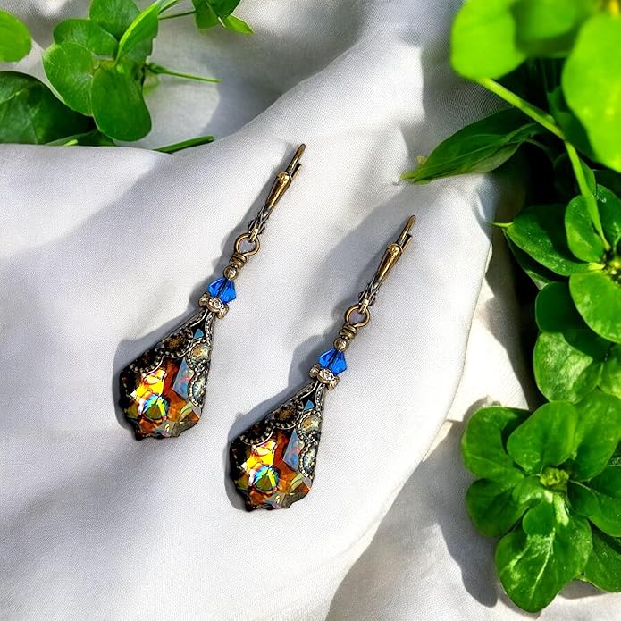 Antique Inspired Vintage Victorian Dangle Drop Earrings for Women - Colored Austrian Crystal Leverback Earrings - Jewelry Gift for Her