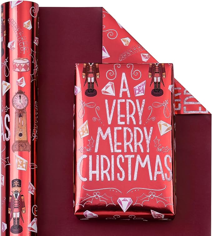 WRAPAHOLIC 30 Inch Jumbo Reversible Nutcracker Christmas Wrapping Paper - 30 Inch x 100 Feet Jumbo Roll Merry Christmas Nutcracker Wrapping Paper with Metallic Foil Shine for Xmas Holiday, Party