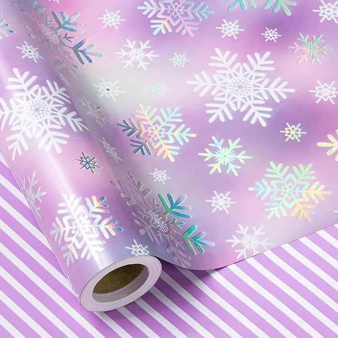 RUSPEPA Christmas Reversible Wrapping Paper Roll for Girls, Mini Roll, Colorful Foil Pastel Snowflake Design and Purple Stripes Dreamy Gift Wrap for Christmas Gifts, Holiday, 17 Inches x 32.8 Feet