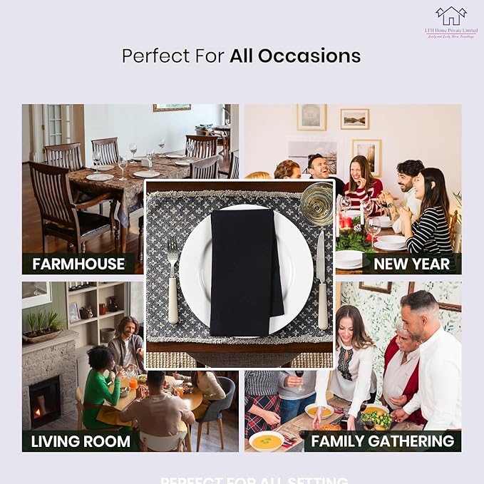LFH Home Cotton Rich Metered Napkins for Dining Table Set of 12, Elegant Cloth Napkins for Wedding Party or Everyday Use Machine Washable Durable Reusable and Soft for Hosting 18x18 Inch - Black