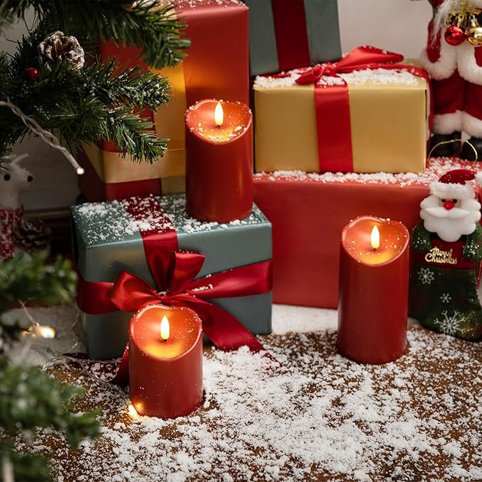 Homemory Burgundy Flameless Candles, Waterproof Flickering Flameless Candles, Outdoor Battery Operated LED Pillar Candles with Remote Timer, Electric Fake Plastic Candles, D3 x H4 5" 6", Red, 3 Pack
