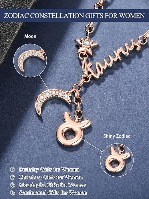14K Gold/Rose Gold Zodiac Necklace for Women - Horoscope Constellation Pendant with Moon and Star, Luxury Birthday Gifts Jewelry for Her (12 Zodiac Signs)