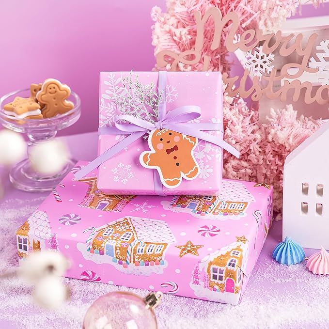 WRAPAHOLIC 30 Inch Jumbo Reversible Gingerbread Christmas Wrapping Paper - 30 Inch x 33 Feet - Pink Gingerbread House and Snowflake with Embossed for Christmas, Holiday, Party Celebration