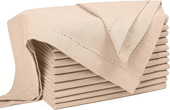 Palisa Cloth Dinner Napkins with Hemstitched Detailing & Mitered Corners Set of 12 (18x18 Inches) Beige - Cotton Reusable Dinner Napkins - Perfect for Weddings & Everyday Use