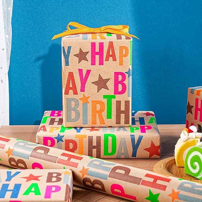 WRAPAHOLIC 30 Inch Jumbo Kfaft Birthday Wrapping Paper Roll - 30 Inch x 33 Feet - Colorful Happy Birthday Wrapping Paper for Girls Boys Kids, Baby Shower, Party