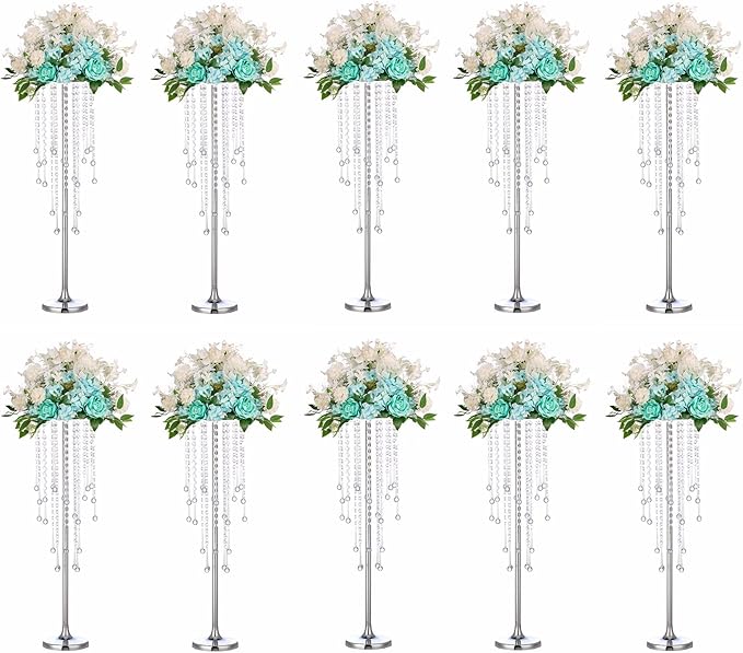 10 Pcs Tall Elegant Wedding Centerpiece Stand, Silver Metal Flower Candle Holder with Chandelier Crystal,for Wedding Party Event Birthday,Valentine's Day Home Décor，29.5in