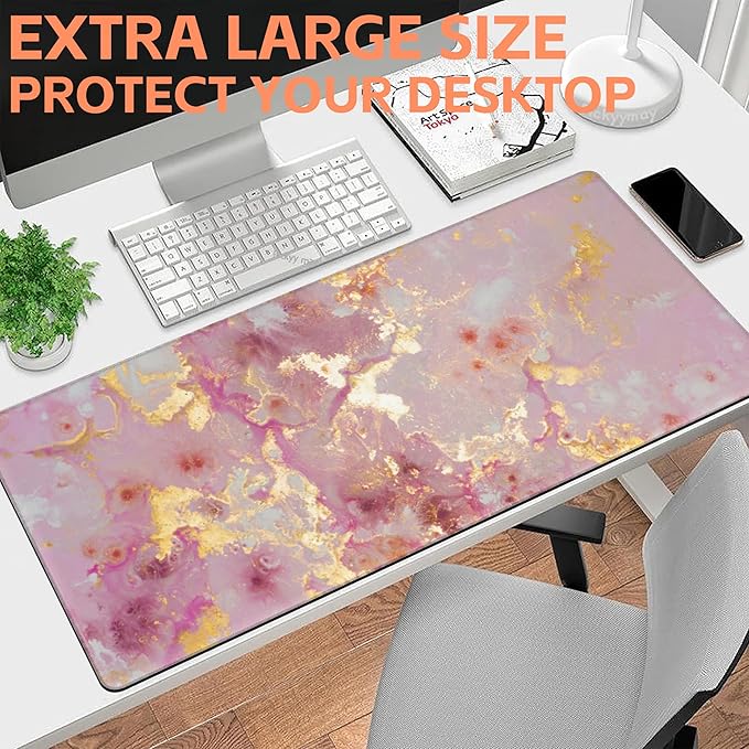 Mouse Pad Large Pink and Gold Marble Non-Slip Gaming Desk Mat with Stitched Edge Laptop Keyboard Desk Pad for Work Home Gaming (35.4 x 15.7 Inches)