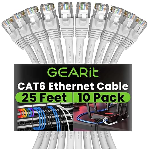 GEARit Cat 6 Ethernet Cable (10-Pack 25 Feet) Cat6 Network Patch, 10Gbps, RJ45, Snagless Cord, Gold-Plated Connectors, Internet for PC, TV, Tablet, Router, Printer, Servers, IT Data Center - White