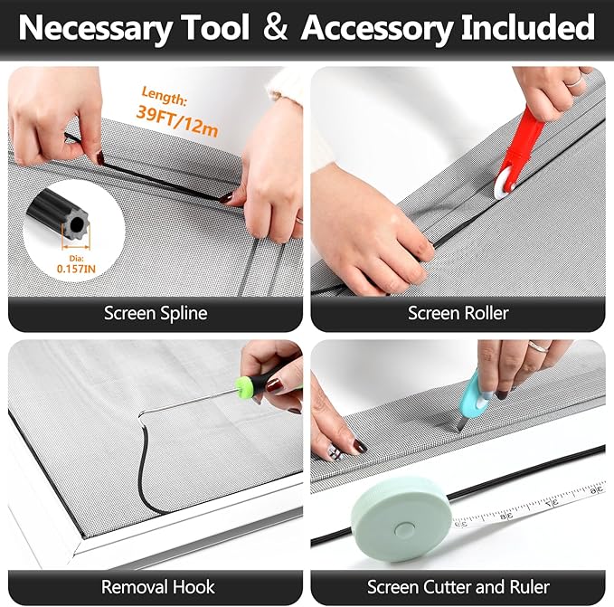 Window Screen Door Repair Kit, 48" x 177" Screen Door Mesh Replacement Kit, Durable Fiberglass Mesh Roll with Tools for Windows Doors Patio and Porch Replacement, Black