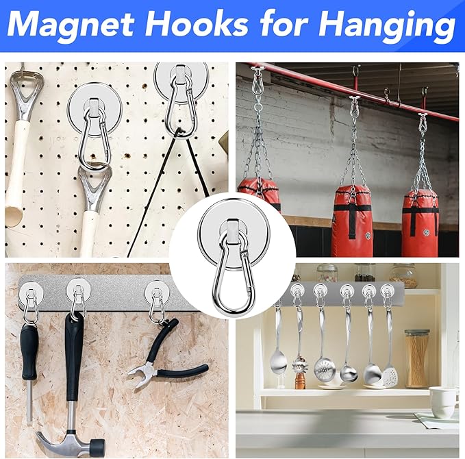 LOVIMAG Magnetic Hooks Heavy Duty, 110LBS Strong Magnetic Hooks Neodymium Magnets with Carabiner Hook, Magnet Hooks with Swivel for Grill, Hangning, Cruise, Kitchen, Garage, Refrigerator (8 Pack)