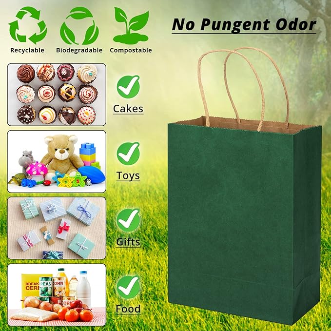 100 Pack 5.9x3.15x8.26 inch Small Green Gift Bags, Kraft Bags with Handles Bulk for Birthday Party Favors,Gift Paper Bags,Retail Shopping Business Goody Craft Gift Bags