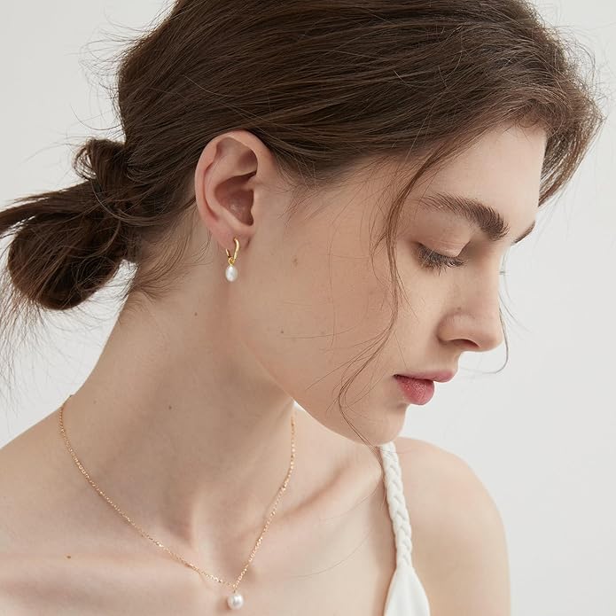 Gold Pearl Dangle Earrings for Women, 14K Gold Plated Small Pearl Drop Huggie Hoop Earrings, Hypoallergenic Dainty Gold Earrings Wedding Jewelry Gifts for Women Trendy