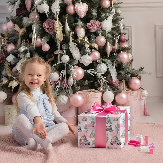 PlandRichW Nutcracker Christmas Wrapping Paper - Sweet Pastel Nutcracker Scene with Trees, Train & Angels - 40×28 Inch Xmas Gift Wrap, 4 Folded Sheets for Kids & Adults