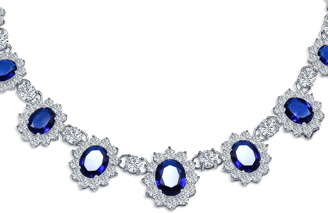 Elegant Vintage Estate-Inspired Bridal Jewelry Set - 5 CTW Oval Crown Halo Statement Necklace & Chandelier Earrings with AAA Cubic Zirconia CZ Simulated Gemstones, Silver Plated, for Women
