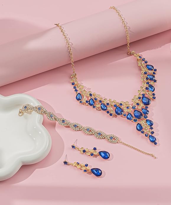 Wedding Bridal Bridesmaid Austrian Crystal Rhinestone Jewelry Sets Statement Choker Necklace Earrings Bracelets Sets for Wedding Party Prom