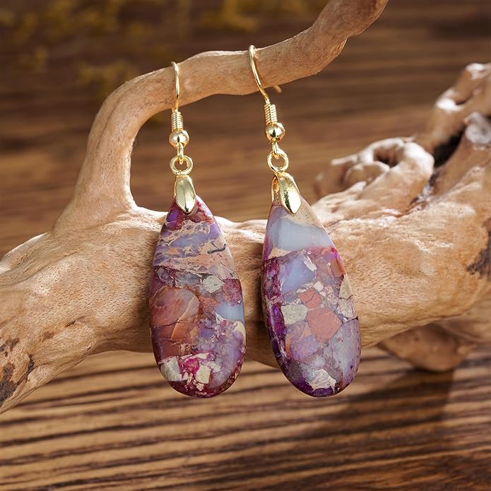 Boho Women Natural Stone Earrings Unique Healing Imperial Jasper Gemstone Energy Hypoallergenic Lightweight Dangle Drop Earrings Multiple Styles Earrings Jewelry for Birthday Party Gift