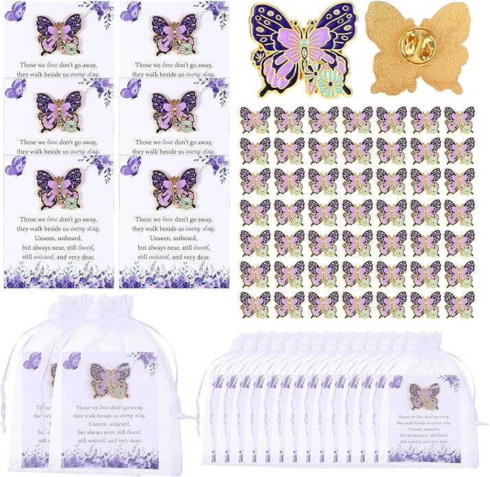 Funeral Favors for Guest Celebration of Life Favors Butterfly Pins Brooches Organza Bags Thank You Cards for Memorial Party Supplies Guest Family Friends Return Favors Funeral Gifts
